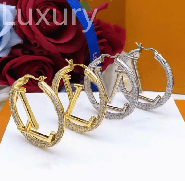 Charming Woman Earrings Large Hoop Earrings Designer Earrings Elegant French style Ear studs set Luxurious Diamond Letter Gold Earring beautiful bride earrings