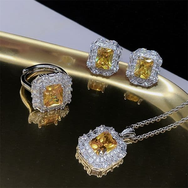 Luxury Brand Designer Jewelry Sparkling Yellow Zircon Earrings Necklace Ring Fashion High-end Temperament High Carbon Diamond Women's Jewelry Three Piece Set