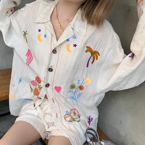 Women's Blouses Shirts Womens Blouses High Quality Embroidery Cute Flower Blouse Loose Oversized Women Girls Sweet Linen Cotton Button Up Shirt Japanese Y2K Top