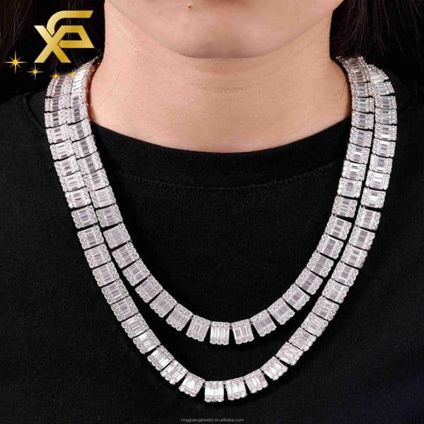 Unisex Baguette 925 Sterling Silver HipHop 8MM 10MM DVVS Moissanite Chain Gold Plated Polished Silver Cuban Link Chain Necklace