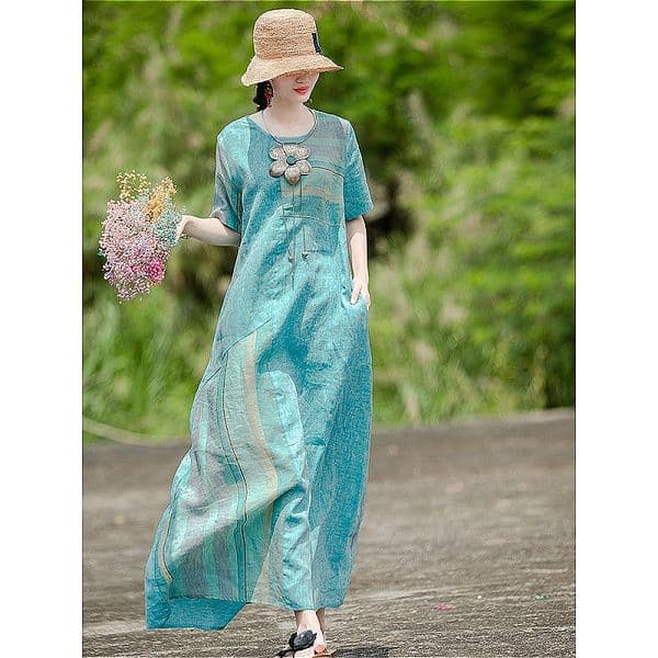 482 literary retro short-sleeved dress female 2024 summer new large size loose printed splicing casual temperament long skirt