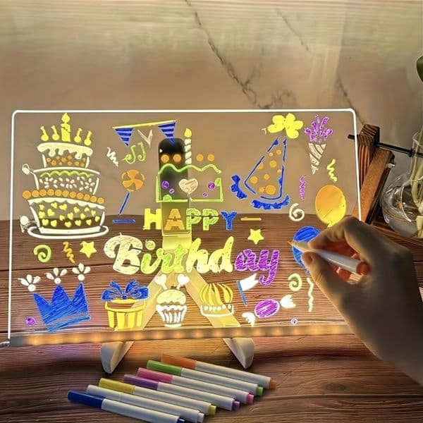 DIY Glowing LED Message Board, Creative Luminous Drawing Board with 7 Color Pens, Magic Light Up Writing Pad for Kids Teens, Unique Office Desk Christmas Birthday Gift