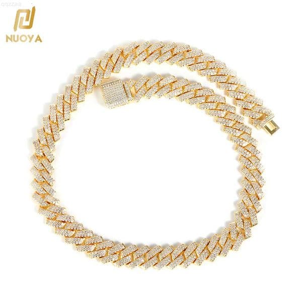 NUOYA Wholesale 14mm High Quality Iced Out Diamond Cuban Link Chains 18K Gold Brass Mens Prong Cuban Link Necklace