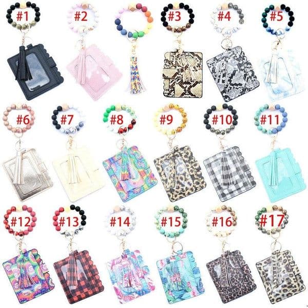 Portable Leopard Wrist Car Key Rings with Tassel Bangle Card Holder Silicone Bead Bracelet Leopard Bag Wood Beaded PU Leather Keychain Ladies Wallet Snap