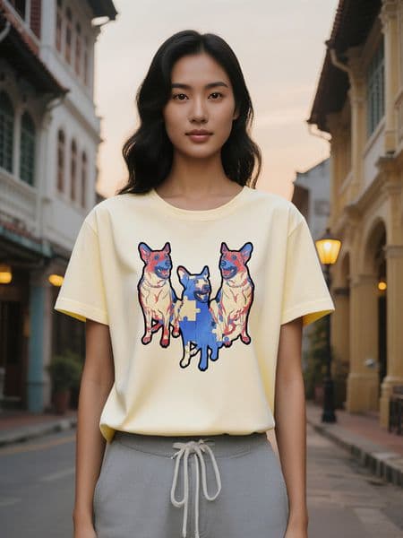 Casual Round Neck T-shirt Three Dogs Puzzle Print Pattern Top Lady Gift