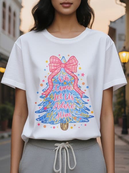 Elegant cotton T-shirt with a Christmas tree, the words 'Come worship him,' round neck casual top suitable for