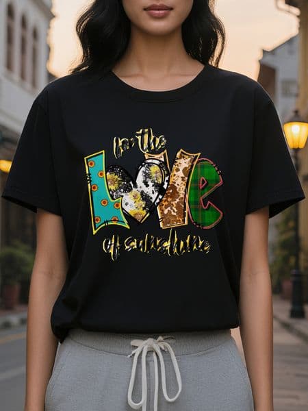 Women's White T-shirt Color for Love of the Sun Pattern Short Sleeves Round Neck Casual Summer Top Fun Design