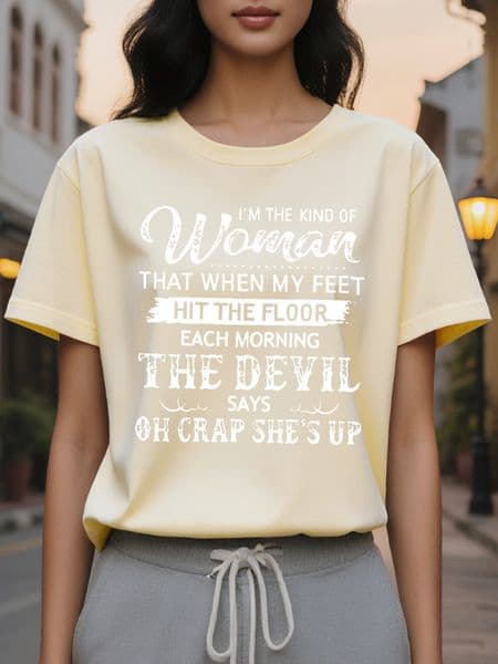 Ladies Fun Humor Short Sleeve T-Shirt I Am That Kind Of Woman Large Character Printed Crew Neck Jacket Black White