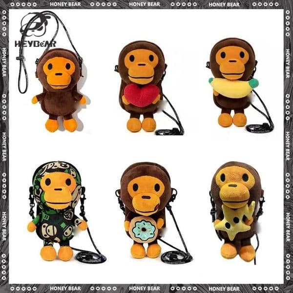 Japan Monkey Mobile Bag Transparent Surface Cartoon Figure Shoulder Bag Monkey Holding Bananas Plush Toys Coin Purse Kids Gifts X250906