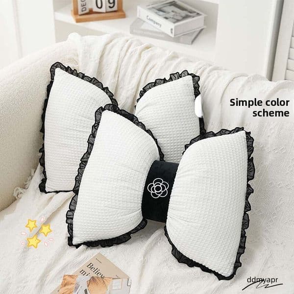 Decorative Waffle Bowknot Cushion: Lace Edge Camellia Lumbar Pillow For Living Room Support