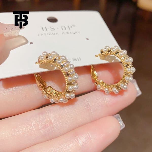 TB BHULAMTE Korean Elegant Style Designer Light Luxury High-end Accessories Pearl Inlaid Circle Earrings Fashionable And Exquisite Niche Women's Jewelry