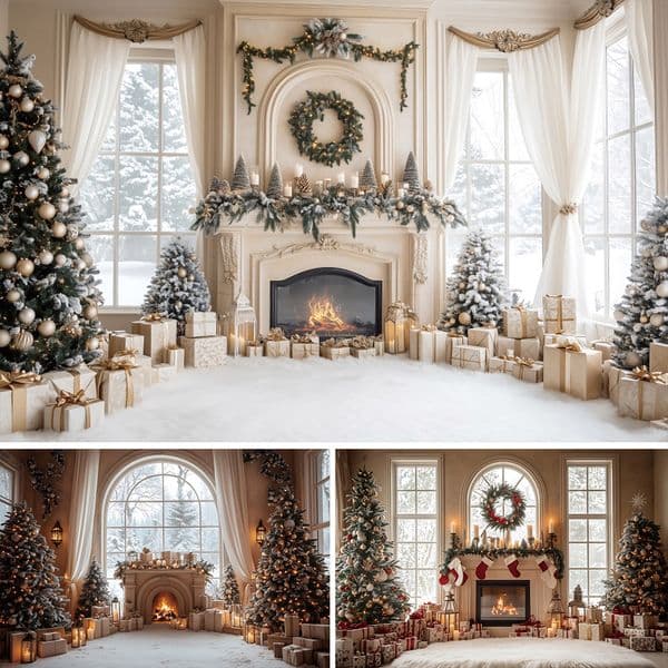 Christmas Decorations Indoor Winter Fireplace Photography Background Xmas Tree Fireplace Baby Family Portrait Backdrop Photo Studio Living Room Decoration