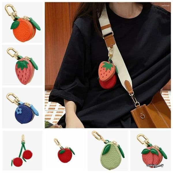 Keychains Portable Cherry Fruit Shape Coin Purse Cute Strawberry PU Leather Pendant Wallet Bag Earphone Outdoor Ddmylovely