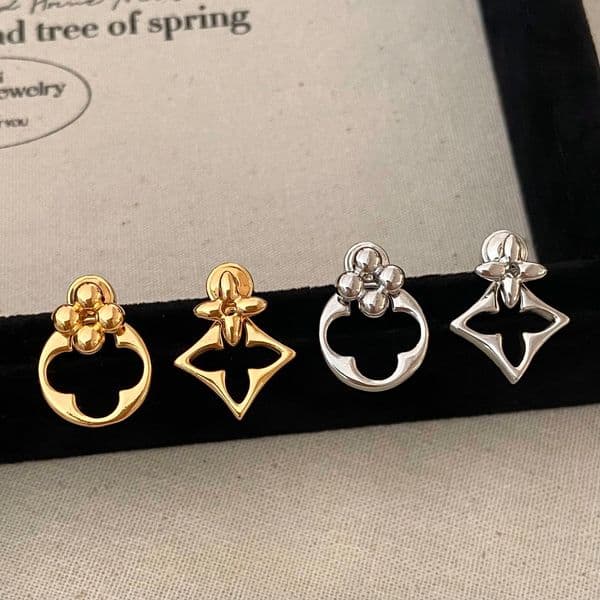 Stud Gold - Toned Asymmetrical Stud Earring with Floral Geometric Designs Chic Elegant Jewelry for Daily Stylish Looks
