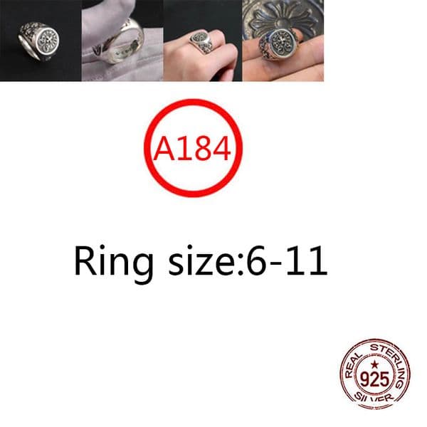 A184 S925 Silver Punk Couple Ring Men's and Women's Personalized Cross Flower Letter Retro Sanskrit Classic Thick