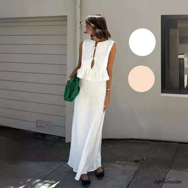 Linen Attire: Women's Long White Summer Dress Set - Sleeveless Cotton Top & Elegant Skirt For Holiday Or Beach ddmymaster ddmymaster ddmymaster