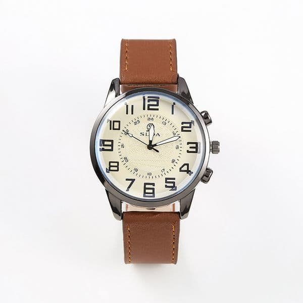 Simple men's watch,Fashion business belt, men's casual retro digital dial student quartz watch