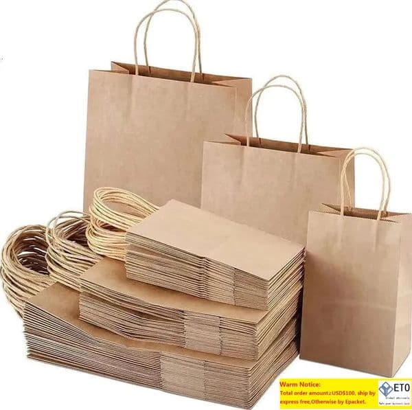 Paper With Handles Shopping Carry Craft Brown White DIY Bags Party Festive Supplies Gift Wraps LL
