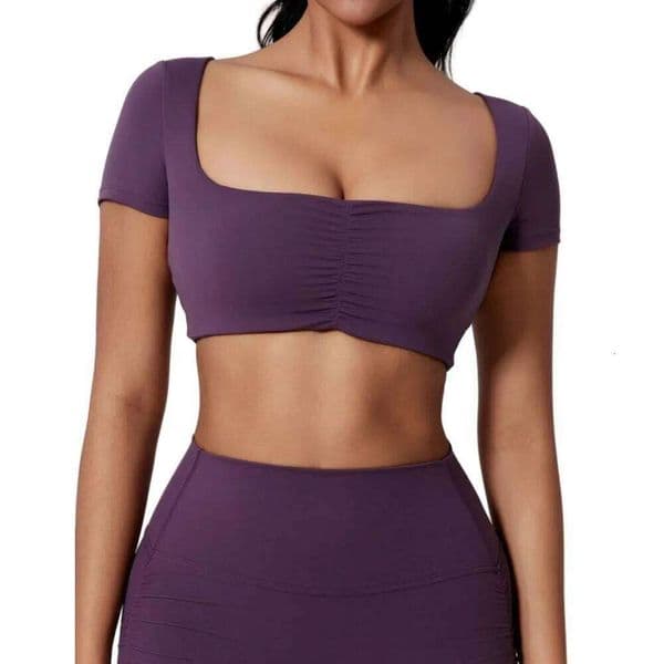 Summer New Yoga Shirt Women Sexy Square Neck With Detachable Chest Pad Solid Color Sports Short Sleeve Running Fiess Crop Top