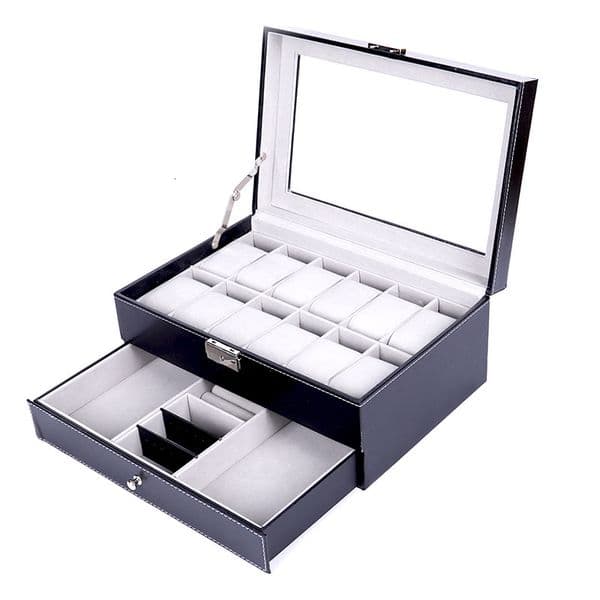 PU Leather 12-Slot Watch Double-Layer Jewelry Ring Earring Accessories Storage Packaging Box