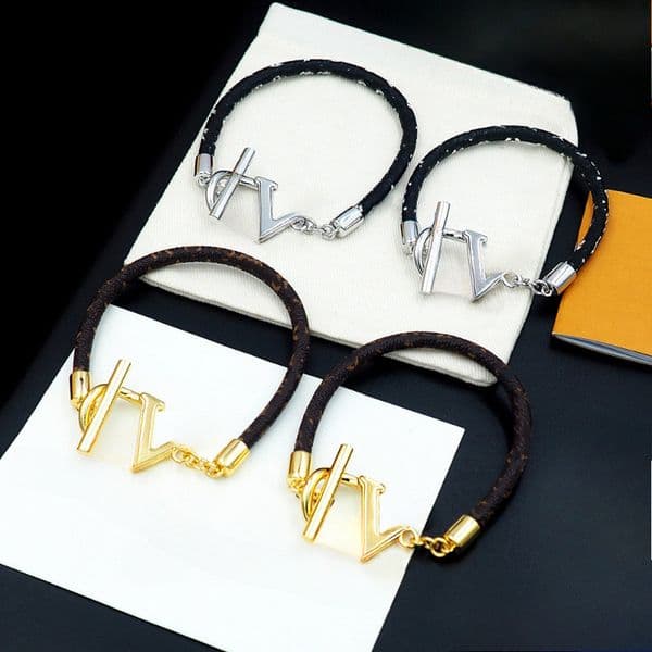 Luxury Leather Cord Bracelet Classic Print Gold and Silver Color Couple Leather Bracelet Designer Bracelet Unisex Holiday Gift