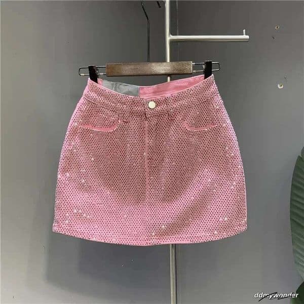 Heavy Industry Hot Drilg High-End Denim 2024 Spring And Summer New High Waist Pink Sexy A-Word Skirt ddmywonder ddmywonder ddmywonder
