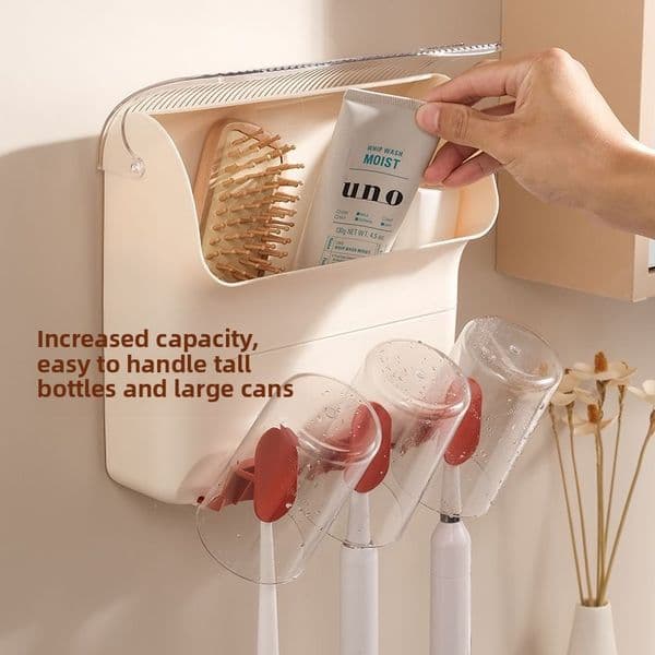 Wall-Mounted Toothbrush Holder with Dustproof Cover, Family-Sized Toothbrush & Cup Organizer, Dry-Wet Separation Bathroom Storage Rack with Cartoon Stickers