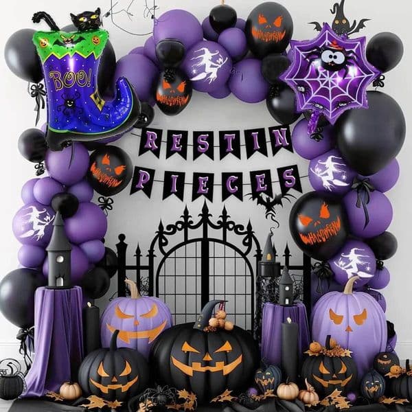 Halloween Balloon Party Decor Banner Backdrop Set for Store Stage Event Scene Decoration with Flags and Themed Arrangement Kit