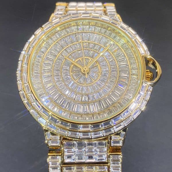 Custom Premium Men's Designer Watch - Colorful Moissanite Quartz Watch, Round Dial, Crystal Window Strap, Swiss Craftsmanship Lowest Online