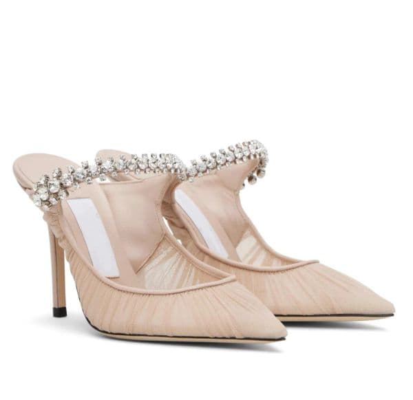 Summer Luxury Bing Mules Women Pointed Toe Pumps Black White Nude Strass Strappy Mesh Breathable High Heels Lady Party Dress Walking EU35-43