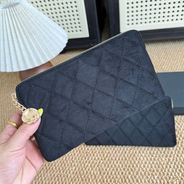 Designer Black Satin Women Lady Handbag with Camellia pendant Cosmetic Brush Beauty Lipstick Organizer Box Car Key Phone Storage Case Birthday Gift