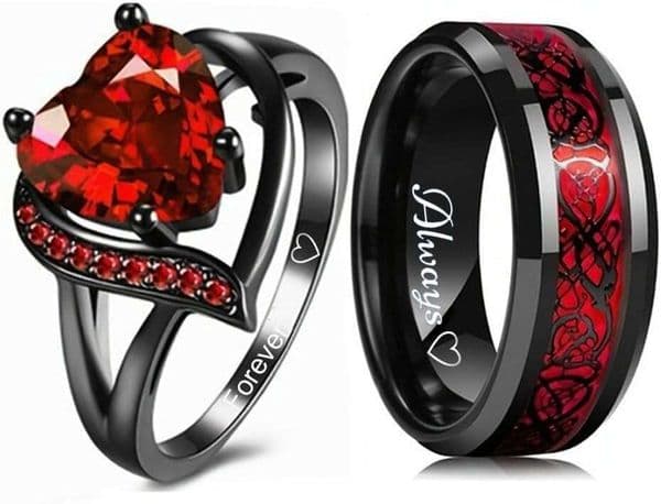 Custom Engraved Couple Set Promise Him Her and Black Matching Wedding Couples Engagement Sets Celtic Dragon Tungsten Ring Red Ruby Rings for Women