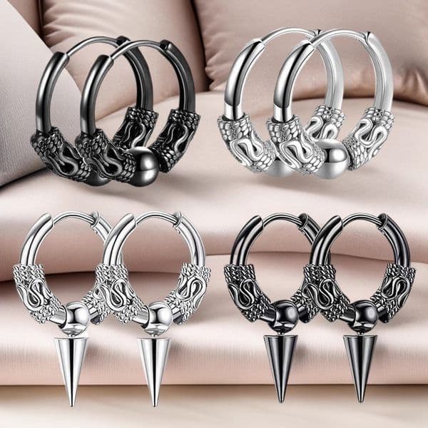 Hip-Hop Unisex Fashionable Retro Tibetan Dragon-Pattern Stainless Steel Beaded Earrings with Round Wire & Pointed Cone Details
