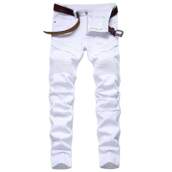Spring Edition Pleated Motorcycle Jeans Men's Slim Fit Elastic Youthful Trendy Long Pants Pure White Autumn Casual Wear
