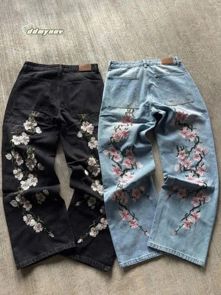 Men's Jeans Streetwear Retro Hip Hop Flower Embroidery Pattern Y2k Men And Women Casual Black Baggy Low Rise Gothic Denim Pants ddmynov