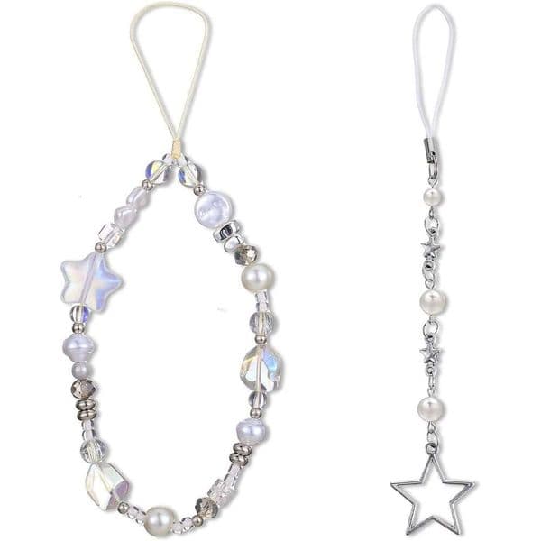 2 PCS Charms Crystal Star Beaded Phone Wrist Strap Camera Bracelet Lanyard Women Cute Aesthetic Cellphone Keychain Charm for Camera,Bags(White)