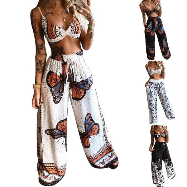 2025 Summer New Womens Printed Sexy Tube Top Loose Wideleg Pants Twopiece Set