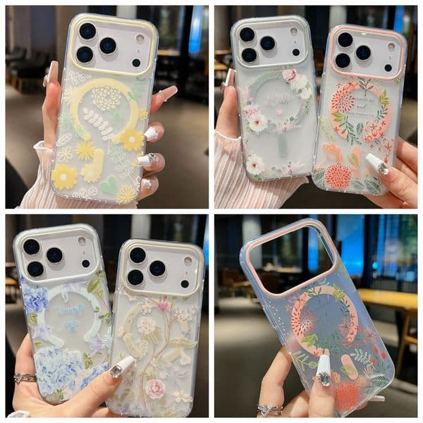 Flower Magnet Wireless Charging Shockproof Cases For Iphone 17 Air 16 15 14 Plus 13 12 Pro Max 2.0MM Hard PC Soft IMD TPU Frosted Matte Fashion Floral Magnetic