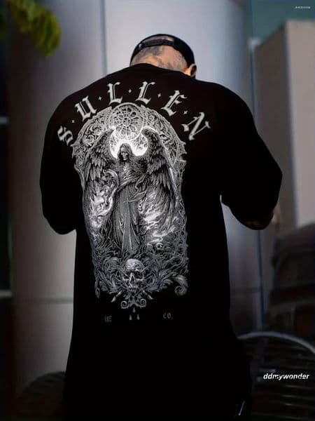 Men's T Shirts Sullen Demonic Angel Tattoo Lifestyle Graphic Sullween Standard Short Sleeve Tee Black Casual Crew Neck Cotton ddmywonder