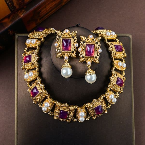 Luxury Brand Designer Jewelry Luxurious Purple Crystal Pearl Necklace Vintage Earrings Set European And American Style Wholesale Second-Hand Versatile Autumn Wi