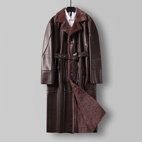 Large Loose Fur 1 Piece Leather Long Jacket For Men Over The Knee Warm Windbreaker For Man Winter Trench Coat in OrientTown 027