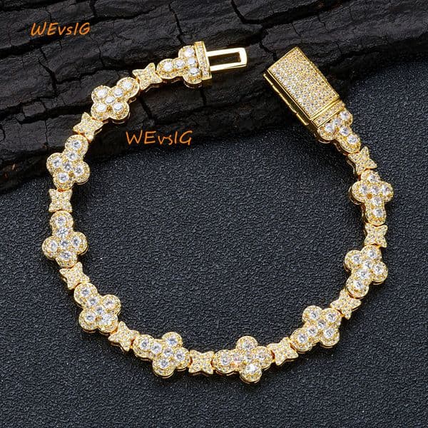 NUOYA 10MM Cross Flower Chain Bracelet 18K Gold Plated Micro Pave Morganite Diamond Iced Out Hip Hop Fashion Jewelry Gift