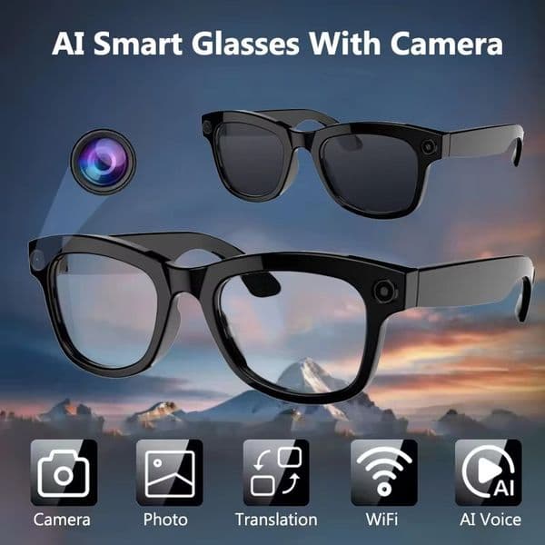 AI Translation Glasses with Camera Smart Glasses with Earbuds Music Control Open Ear Speaker Wide Angle Photography for Outdoor Cycling Meeting Travel