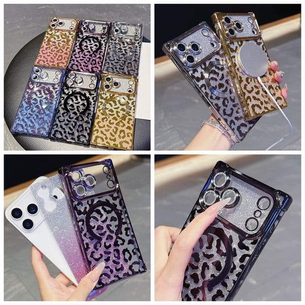 Bling Glitter Leopard Magnetic Wireless Charging Cases For Iphone 17 Air 16 Plus 15 14 Pro Max 13 Soft 6D TPU Camera Lens Protector Fine Hole Magnet Shockproof