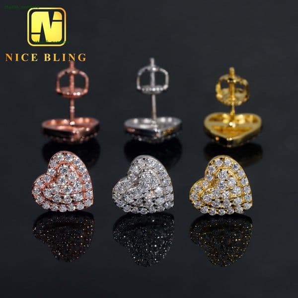 Fine Hip Hop Jewelry Ear Studs Heart Shape Ice Out Moissanite Diamond 925 Sterling Silver Stud Earring for Women