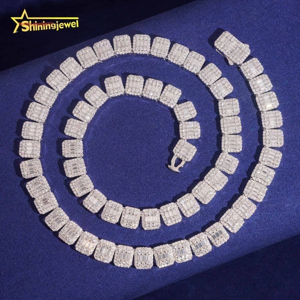 High Quality Custom Cuban Link Chain Men Women 925 Silver Iced Out VVS Baguette Moissanite Cuban Chain Necklace