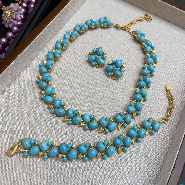 Elegant Women Necklace Jewelry Set Yellow Gold Plated Turquoise Necklace Bracelet Earrings For Party Wedding Nice Gift