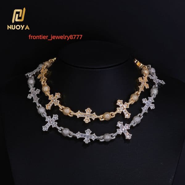NUOYA Hip Hop Jewelry 18mm Iced Out Moissanite Chain Gold Plated Flip Buckle Cross Round Bead Design Bling Moissanite Luxury Necklace