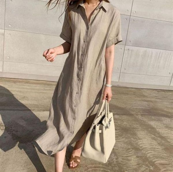 568 Korean style simple loose tie waist single breasted short sleeve linen shirt dress women's clothing