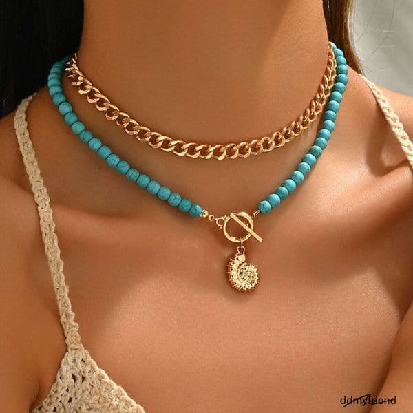 Fashion Jewelry - Beaded Green Turquoise Seashell Pendant Necklace, Ocean-Style Collar Necklace For Women ddmyfriend